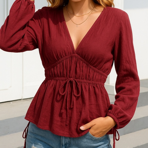 FAVLUX Tops - FAVLUX Balloon Sleeve Plunge Peplum Blouse